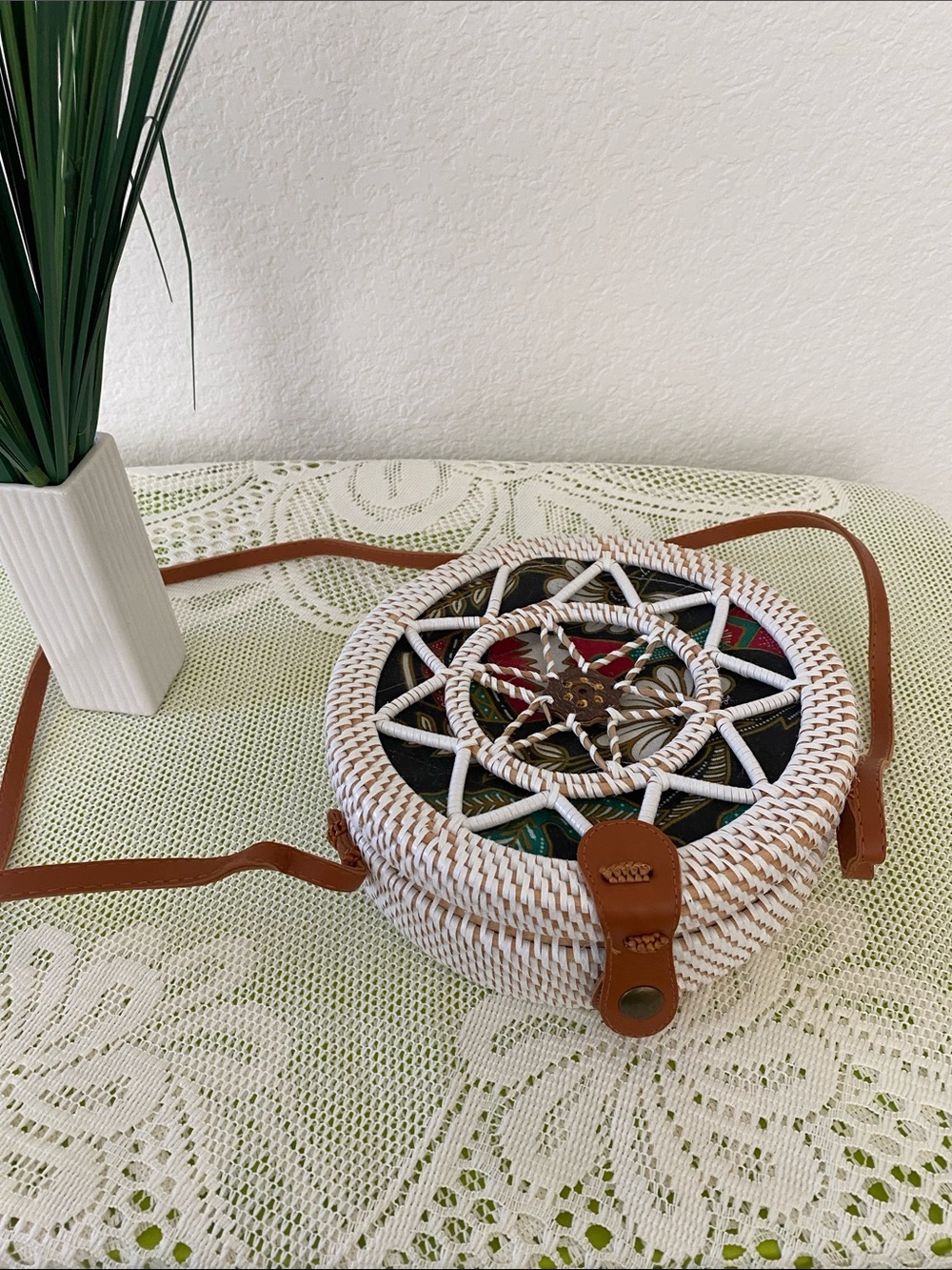 Woven Round Straw Crossbody Bag with Brown Leather Strap